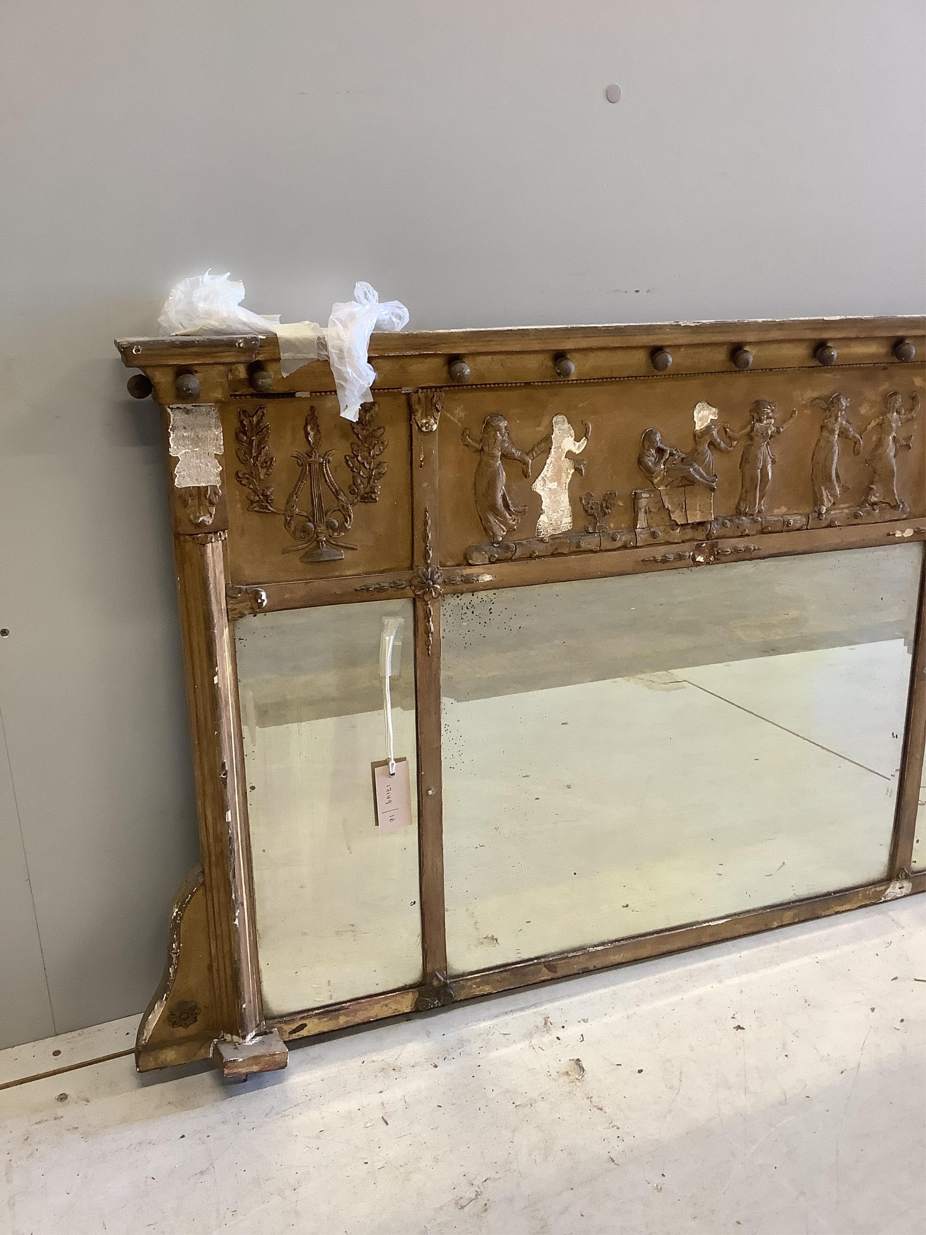 A Regency giltwood and composition triple plate overmantel mirror, width 111cm, height 71cm. Condition - poor, in need of restoration